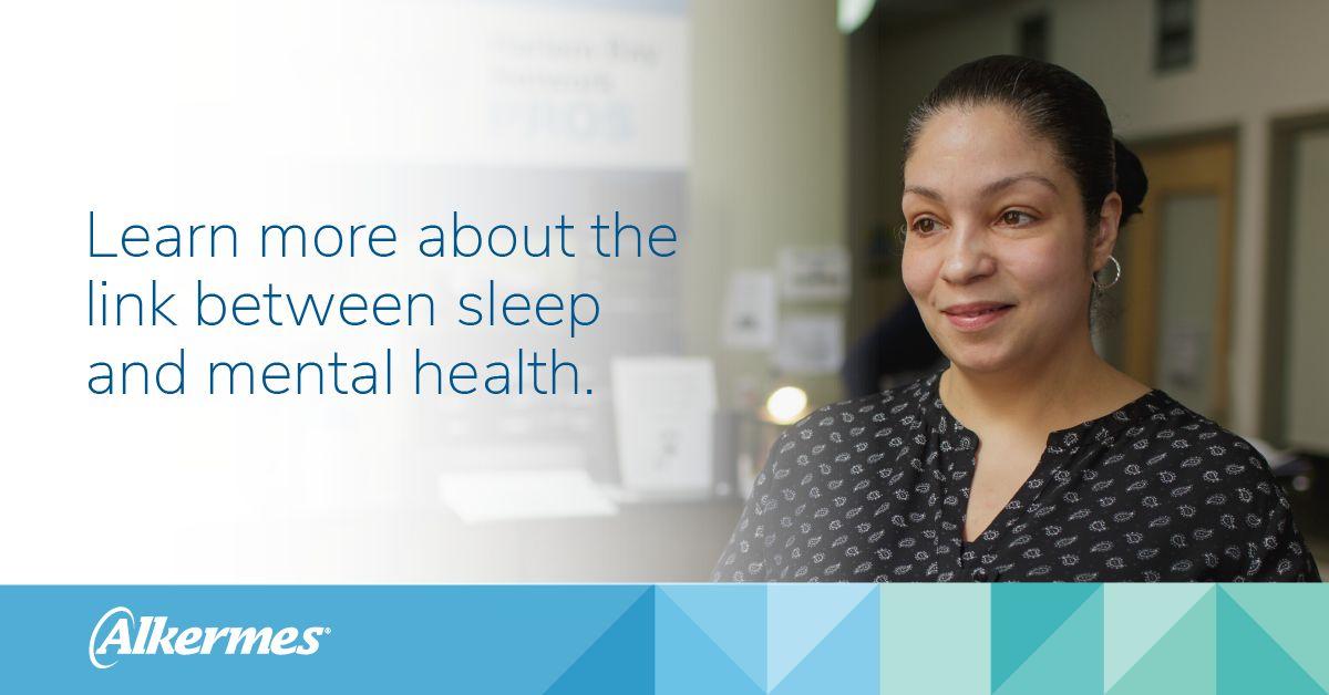 person with text "learn more about the link between sleep and mental health" along with the Alkermes logo