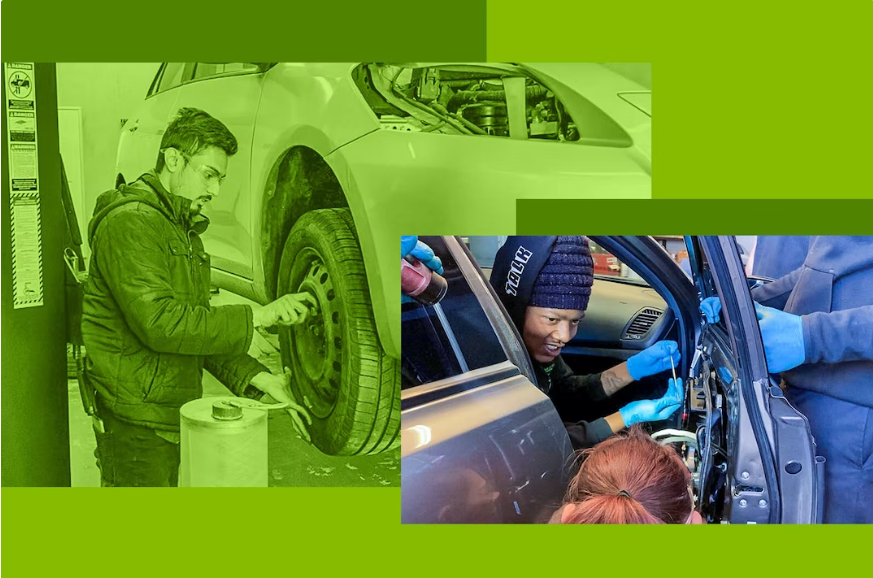 Collage of students working on vehicles