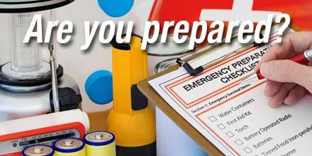 Checklist on clipboard and emergency supplies with the words, "Are you prepared?" superimposed