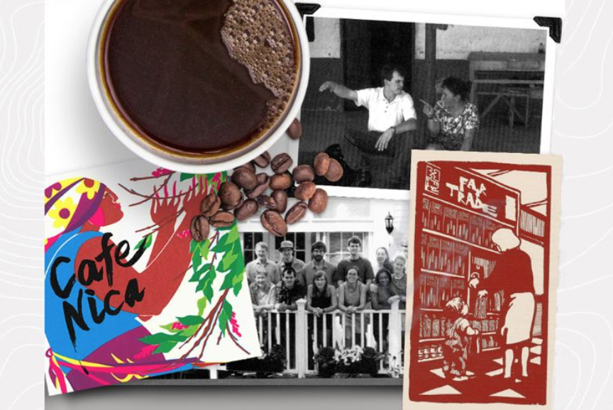 collage of a cup of coffee, coffee beans, illustrations about coffee, and two black and white photos
