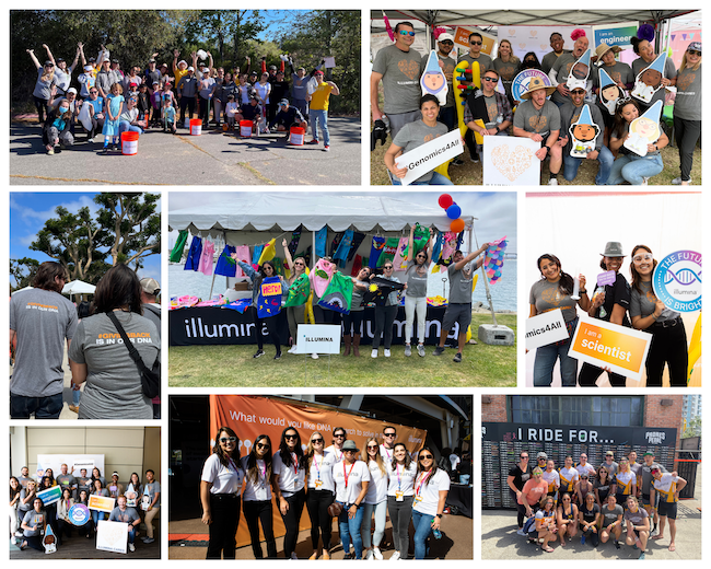 Photo montage of Illumina volunteers at various events in April.