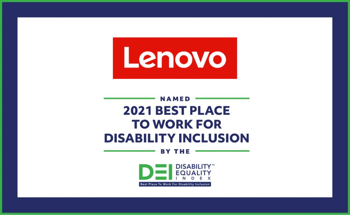 Graphic with the Lenovo log and the text, "names 2021 Best Place to Work for Disability Inclusion" with the Disability Equalit Index logo below