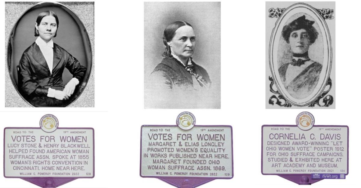 Images of the three markers with a photograph of each of the suffragists: Lucy Stone, Margaret Longley, and Cornelia Cassady Davis