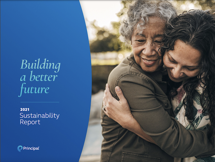 Building a better future. 2021 Sustainability Report. Principal. Photo of two women hugging.
