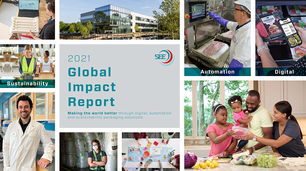Multiple small photos of Sealed Air's Global Impact Report