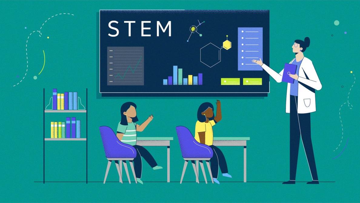 abstract image of two children in school setting with teacher pointing to blackboard of STEM graphs and shapes