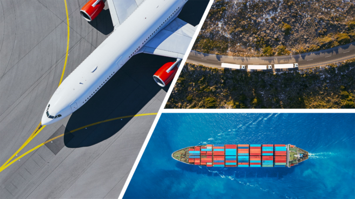 composite image of a plane, trucks, and a shipping container