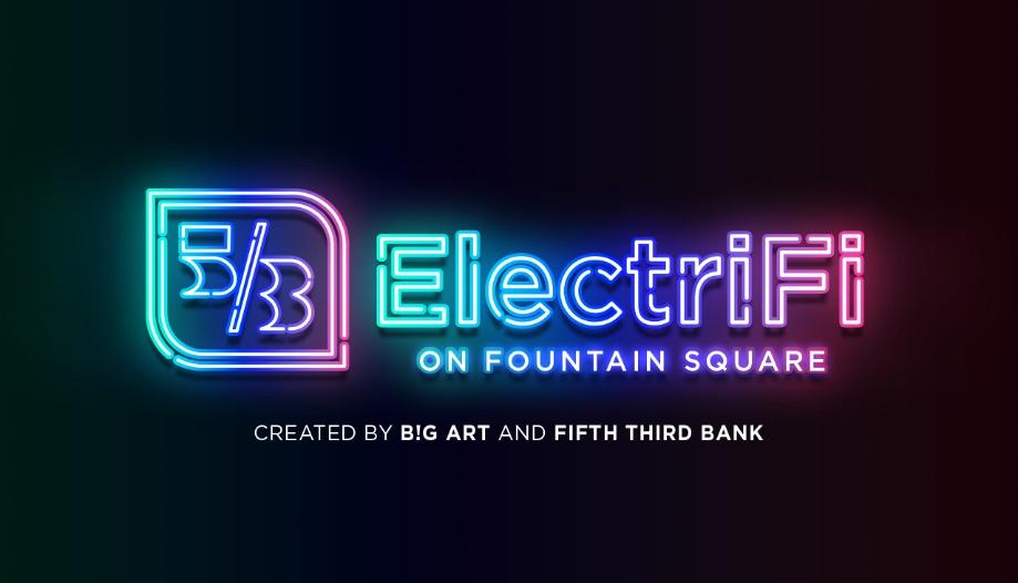 5/3 logo "ElectriFi" on Fountain Square lit in neon light style