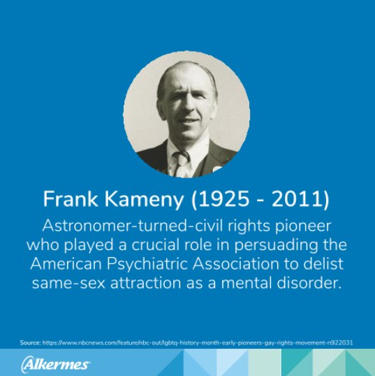Image of Frank Kameny with text: Astronomer-turned-civil rights pioneer who played a crucial role in persuading the American Psychiatric Association to delist same-sex attraction as a mental disorder.