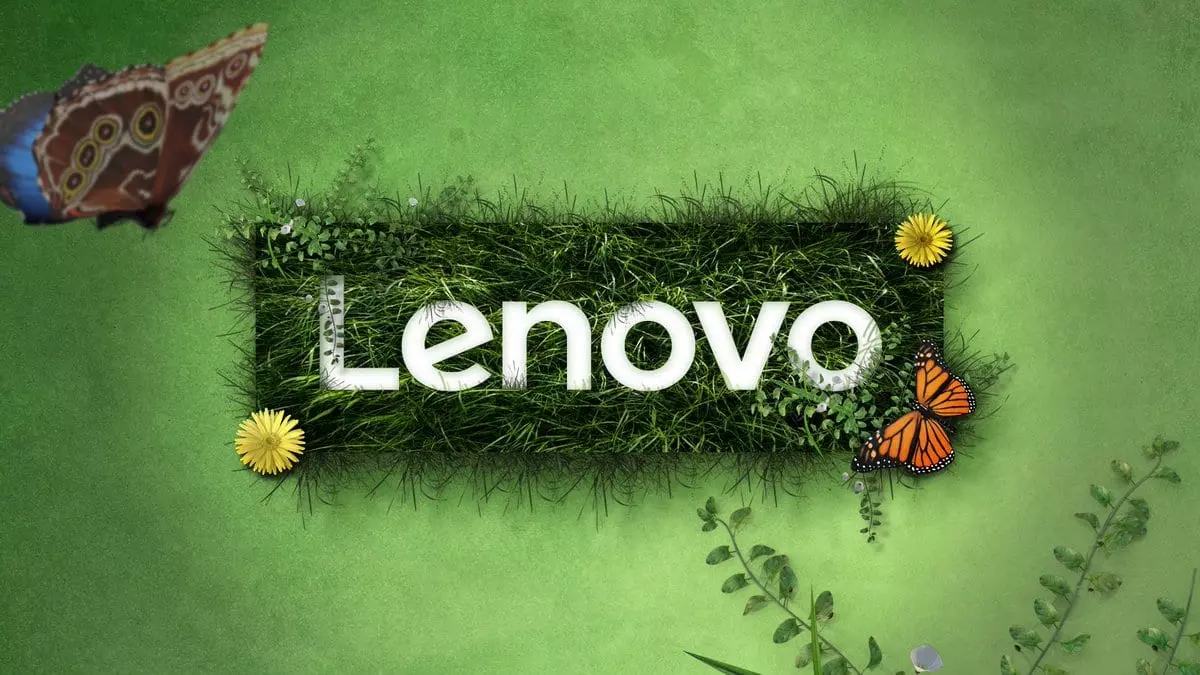 Lenovo logo surrounded by digital grass, butterflies, and flowers