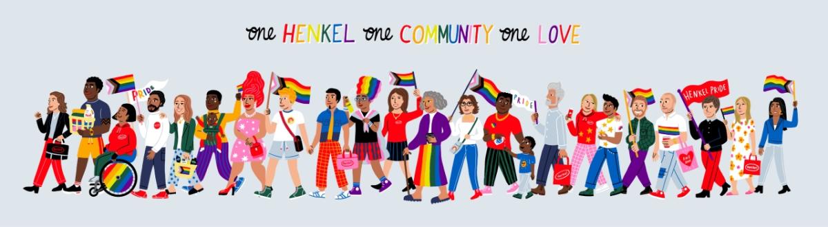 Artistic representation of pride parade with the words, "one Henkel, one community, one love"