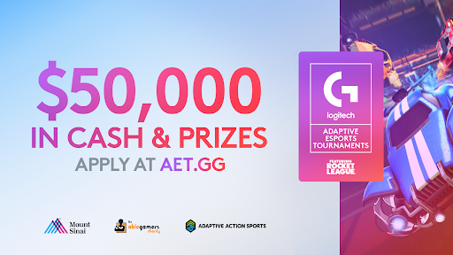 "$50,000 in cash & prizes. Apply at aet.gg Logitech logo on the right and sponsor logos on the bottom