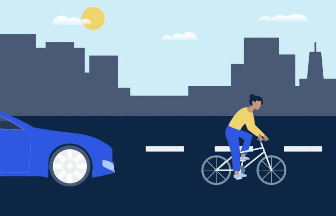 basic digital art of a person on a bike and a car approaching them quickly from behind on a road