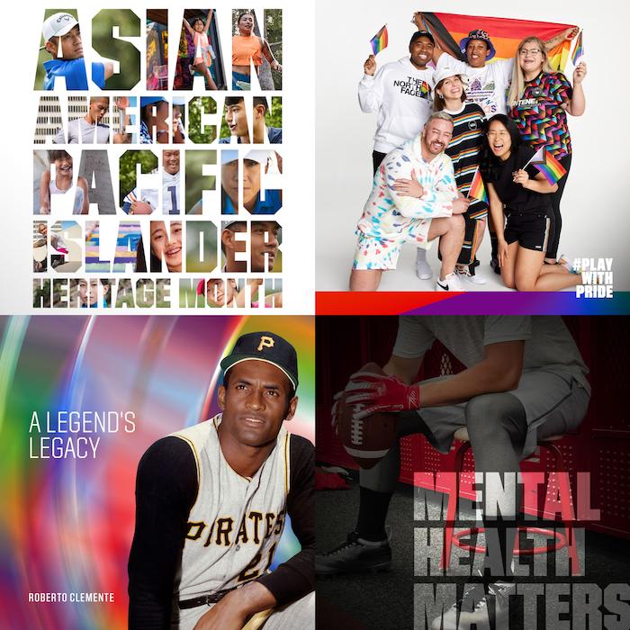 Montage showing: Asian American Pacific Islander Heritage Month, Play with Pride, A Legends Legacy and Mental Health Matters.P