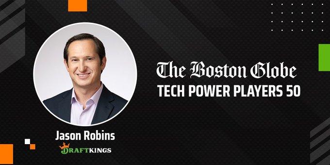 Headshot of Jason Robins with text 'The Boston Globe Tech Power Players 50'