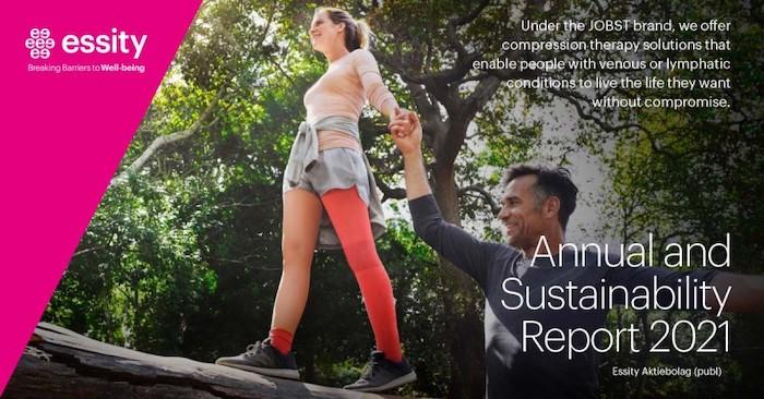 Annual and Sustainability Report 2021. * Under the JOBST brand, we offer compression therapy solutions that enable people with venous or lymphatic conditions to live the life they want without compromise. Woman balancing on a log wearing a compression solution on her leg. She is holding hands with a man who is on the ground.