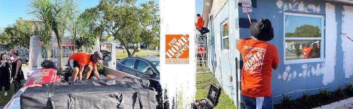 Two photos of Rebuilding Miami-Dade team painting the house and performing landscaping in the front yard..
