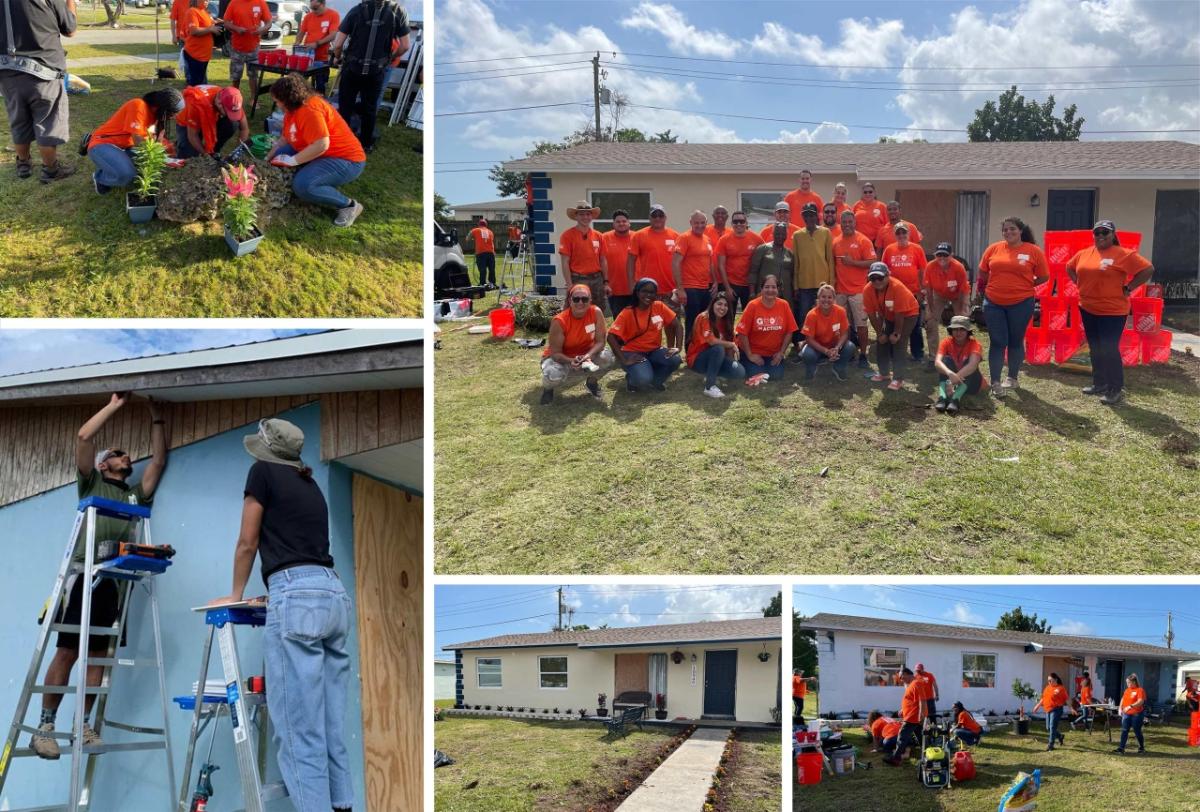 Photo collage of Rebuilding Miami-Dade team. Volunteers planting flowers, painting and doing home repairs, a group shot of the team and a shot of the refurbished home.