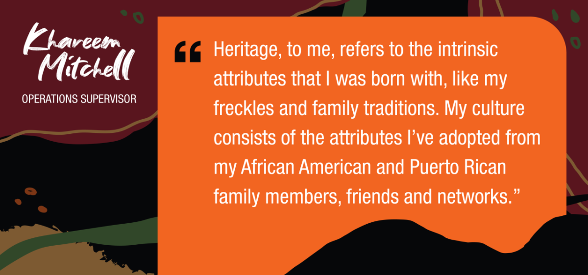 Khareem Mitchell quote: Heritage, to me, refers to the intrinsic attributes that I was born with, like my freckles and family traditions. My culture consists of the attributes I've adopted from my African American and Puerto Rican family members, friends and networks.