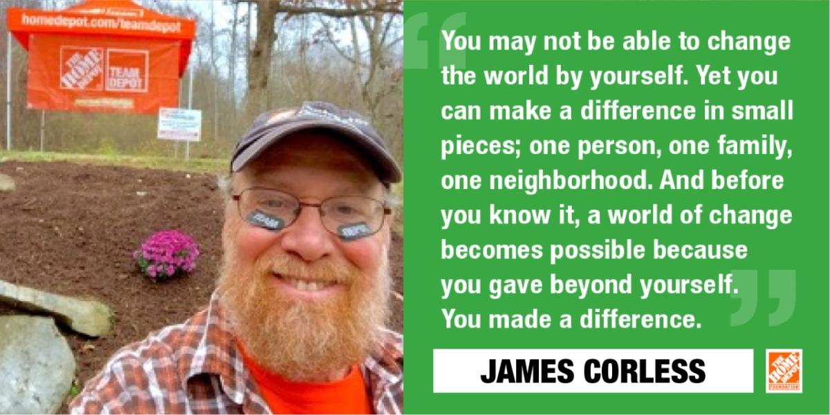 You may not be able to change the world by yourself. Yet you can make a difference in small pieces; one person, one family, one neighborhood. And before you know it, a world of change becomes possible because you gave beyond yourself You made a difference. JAMES CORLESS