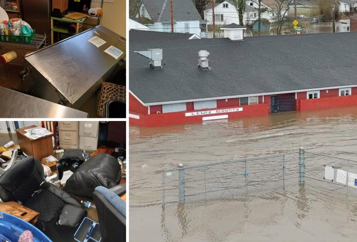 Examples of damage inside and outside of the Lewis County Gospel Mission.  Flooding inside of building, chairs overturned, trash littered around the inside of the Mission. Exterior shot of the mission showing flood waters.