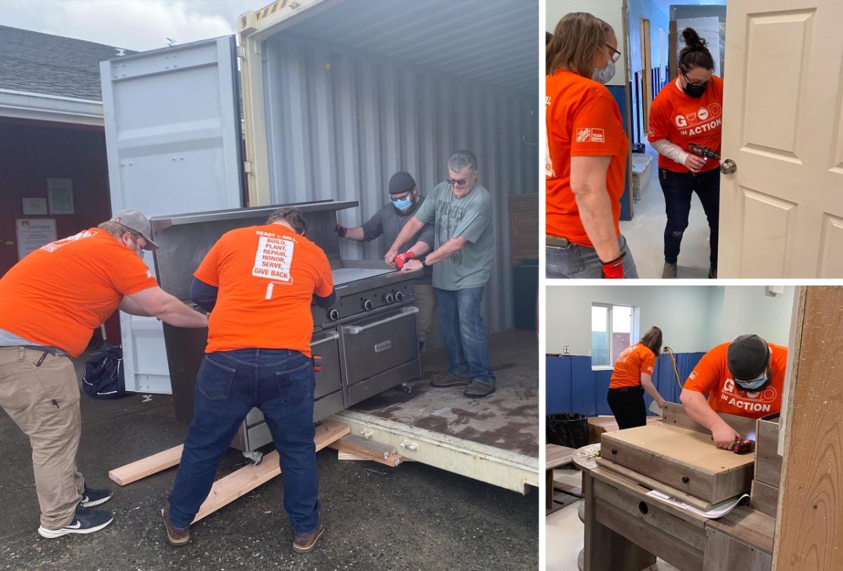 Team Depot volunteers shown installing new stove, doors, commercial racks and plumbing. 