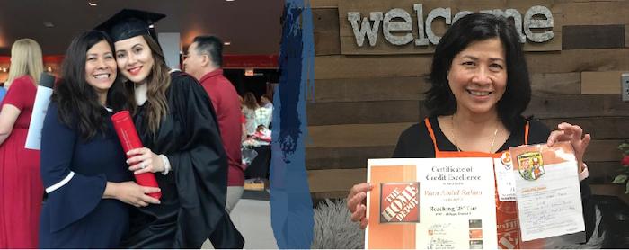 Azieda with her daughter and receiving a Home Depot award.