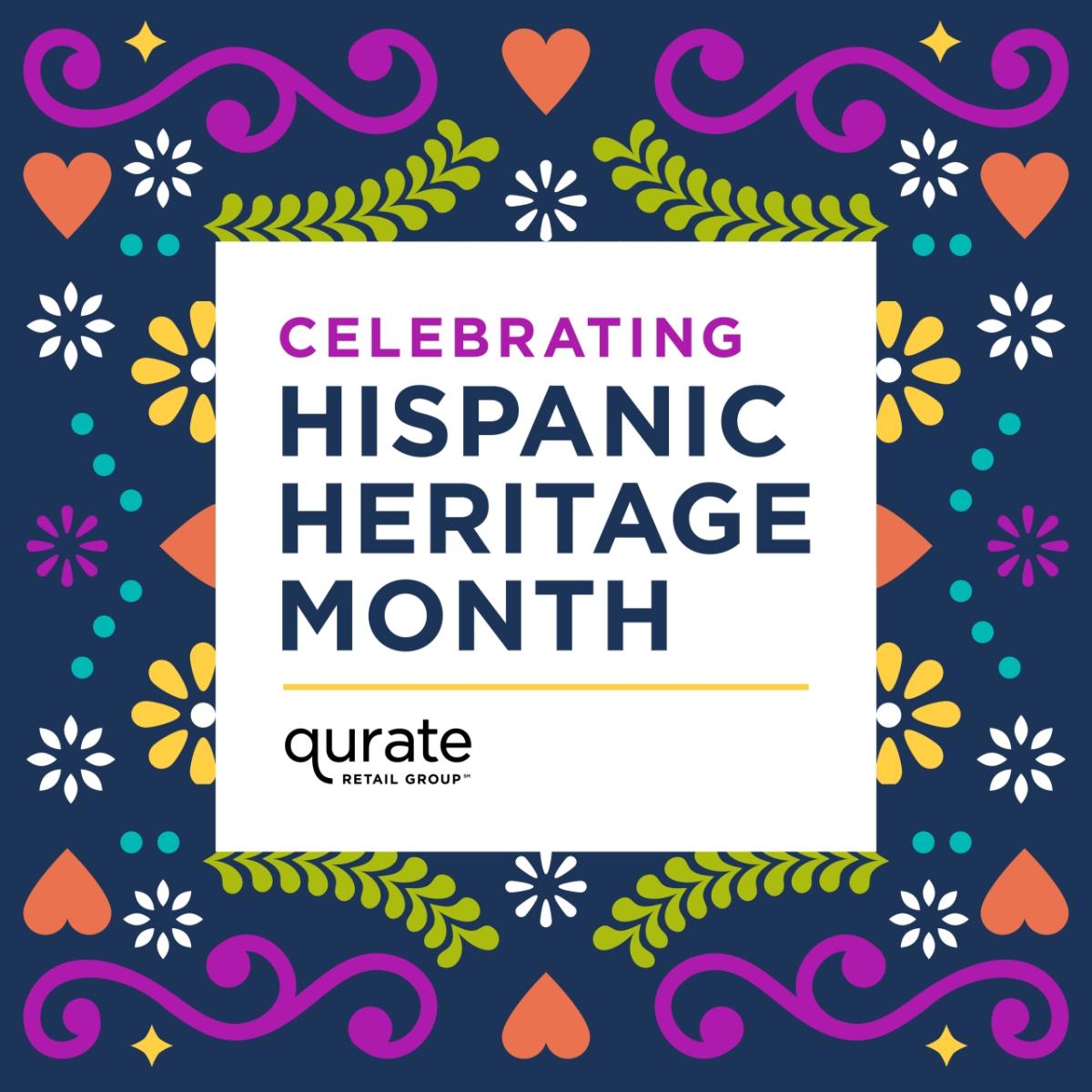 A photo with a purple, green, orange and yellow patterned background which reads Celebrating Hispanic Heritage Month Qurate Retail Group