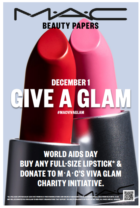MAC Beauty Papers flyer featuring a red lipstick and a pink lipstick. "December 1 GIVE A GLAM"