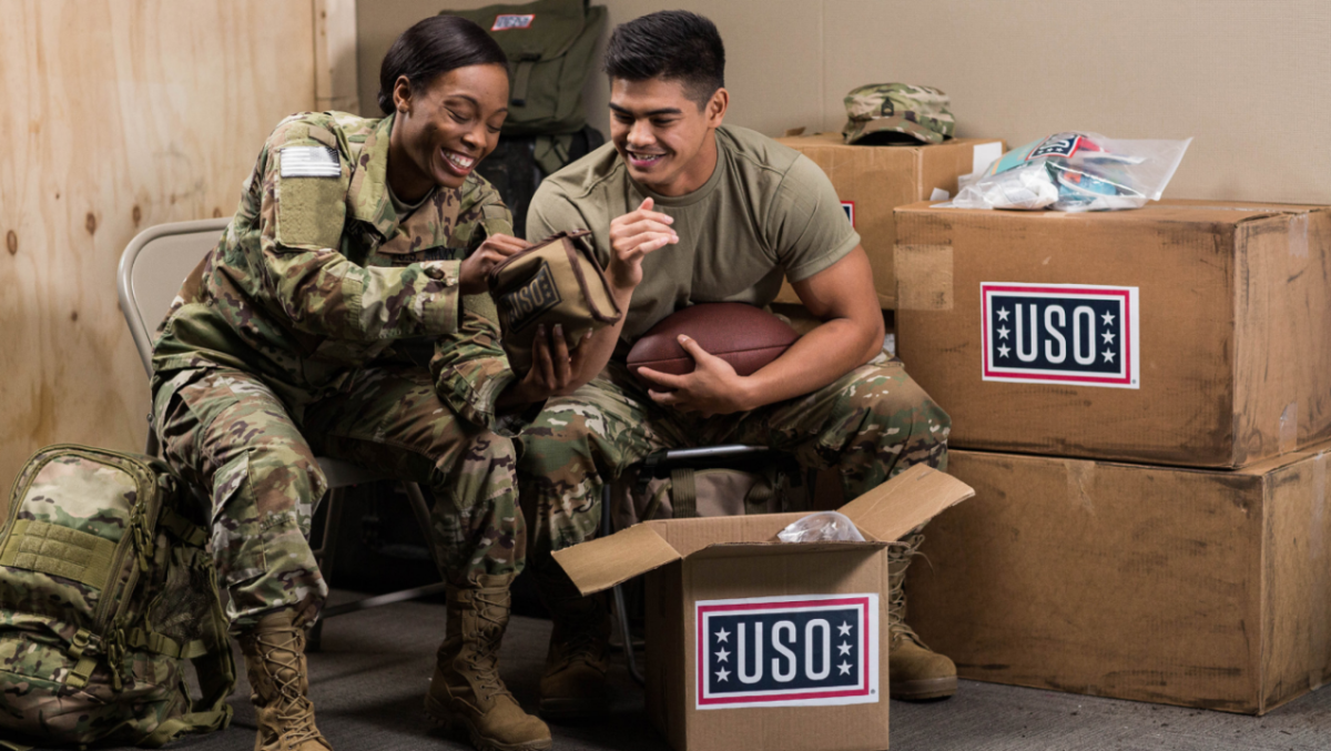 Two soldiers opening USO package