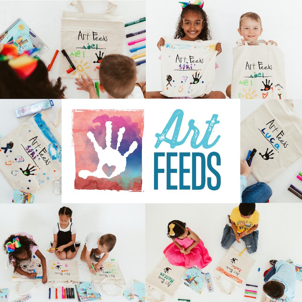 Collage of children doing art projects and the Art Feeds logo