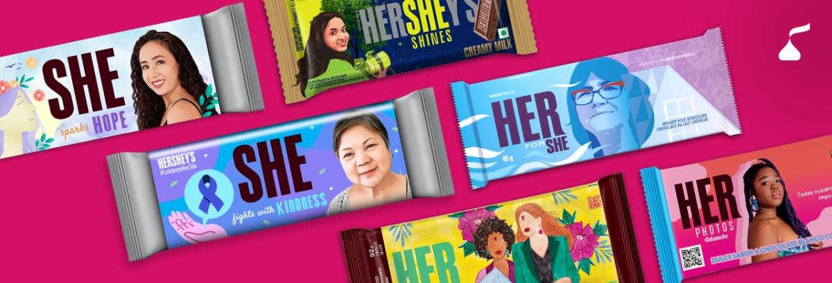 Hershey Bars with new wrappers highlighting "HER" and "SHE" 