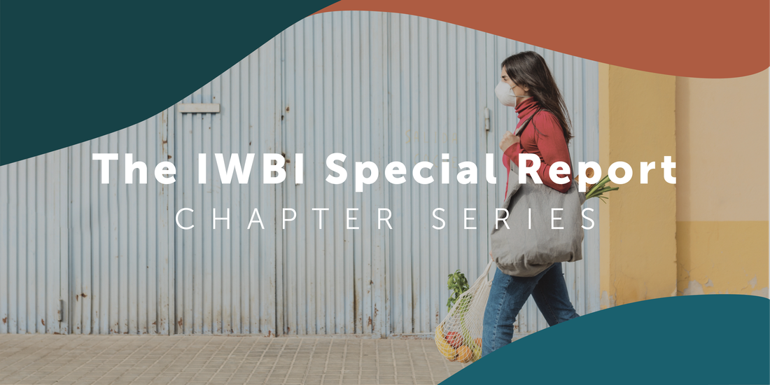 woman walking down street carrying bags with the word: "The IWBI Special Report Chapter Series"