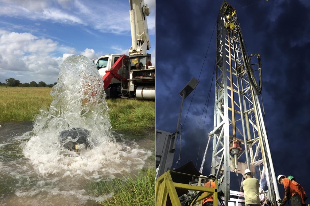 Water spouting out of a well and a large drill