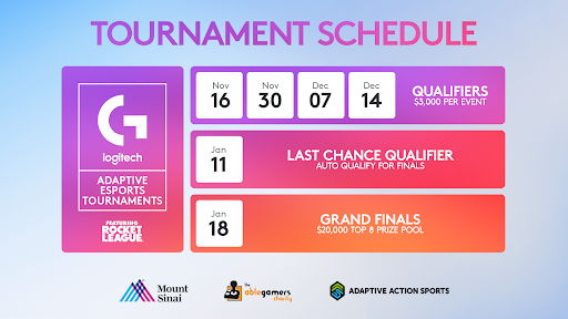 Info graphic. "Tournament schedule. Logitech logo on the left and Adaptive Esports tournament. "Qualifiers $3000 per event: November 16, 30 and December 7, 14. Last Chane qualifier Dec. 11. Grand Finale Dec 18 $20,000 top 8 prize pool..