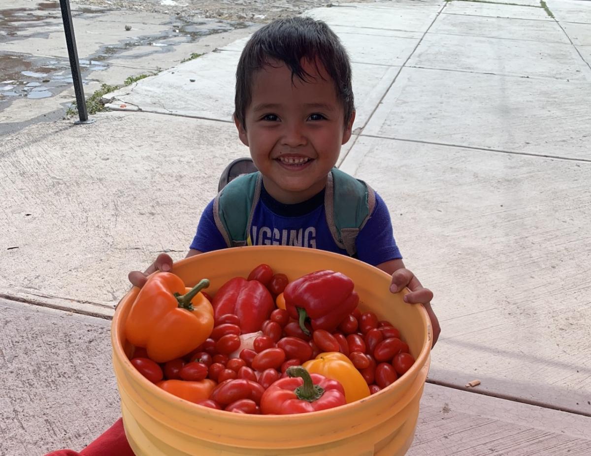 Boy with bucket of produce